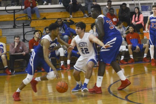 Mark Beebe fights around a screen from Six-foot-seven, 300-pound Willie Allen, an LSU football signee.