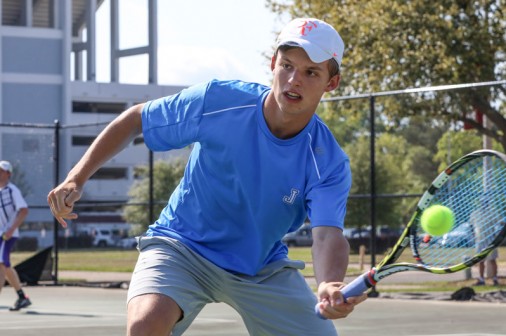 Junior Jack Steib volleys during his first match of the 2016 LHSAA Tennis State Championships.