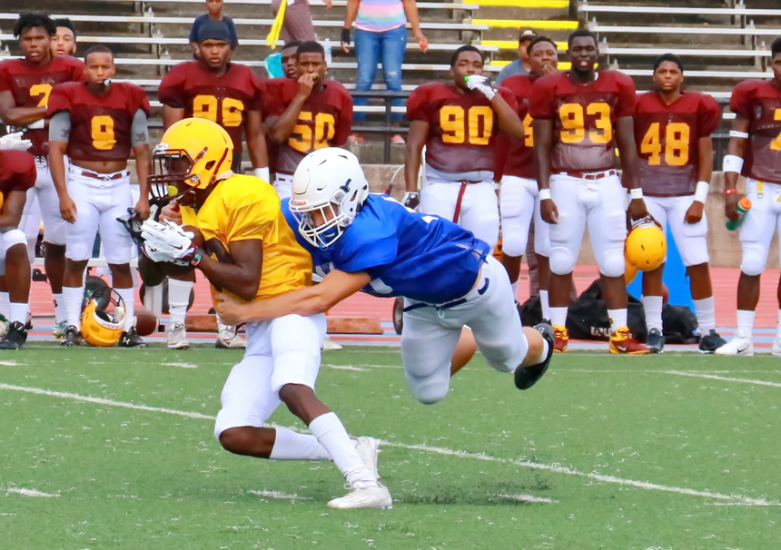 Senior defensive back Evan Loria coralls this Roneagles receiver.