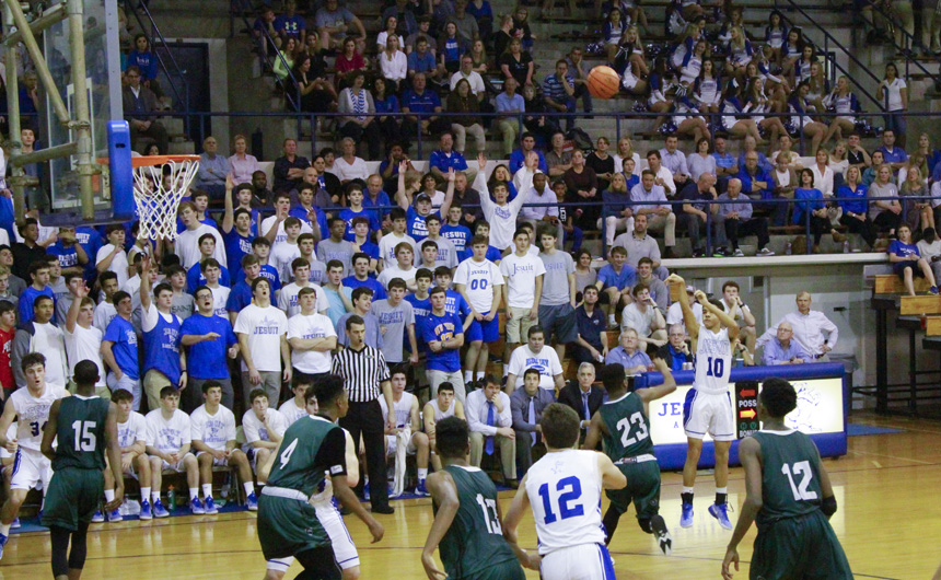 Elijah Morgan hits this fourth quarter three pointer to cushion the Jays' lead as the game winds down.