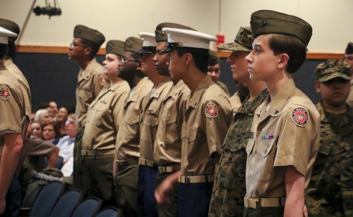 Company Bravo files in to the auditorium for the beginning of the