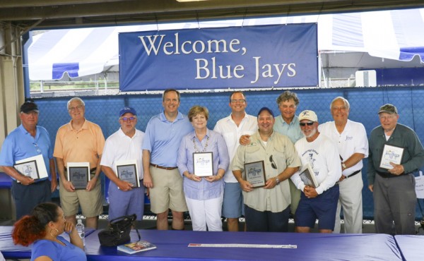 Essential players in bringing the Fishing Rodeo to Jesuit were honored with the Founders Award – C.J. Steeg '61, Ted Ruddock, Mike Rodrigue -71; Jay '86, Pat, and Ryan '91 Quinlan on behalf of the late Billy Quinlan; Adrian Colon '83 on behalf of his father Adrian Colon '53; Rookie Leopold '61; Eddie Koehl '63; Jimmy Commagere; and Br. Billy Dardis, S.J. '58.