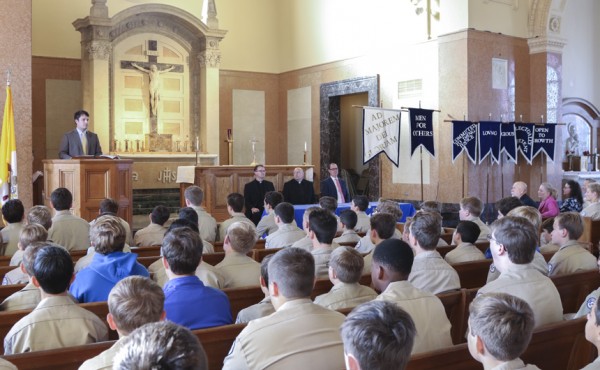 New Blue Jays, Big Brothers, and faculty members listen to the words of Investiture speaker, Kyle Crabtree '12.