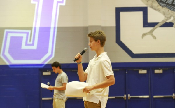 Student body president Down Fife and vice-president Joseph Ernst introduce new students to the history of their new school.