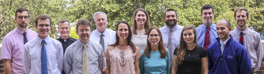 2018-2019 New Faculty - Christopher Woods '06, Kevin Yokum '14, Fr. Frank Reale, S.J., Thomas Nimmo '14, Bryan Bairnsfather, Angela Balkcom, Kelly Lulich, Alicia Kokemor, Paul Hatty, Meg Anderson Sam Ferguson, Stephen Maffei '08, and Michael Killeen